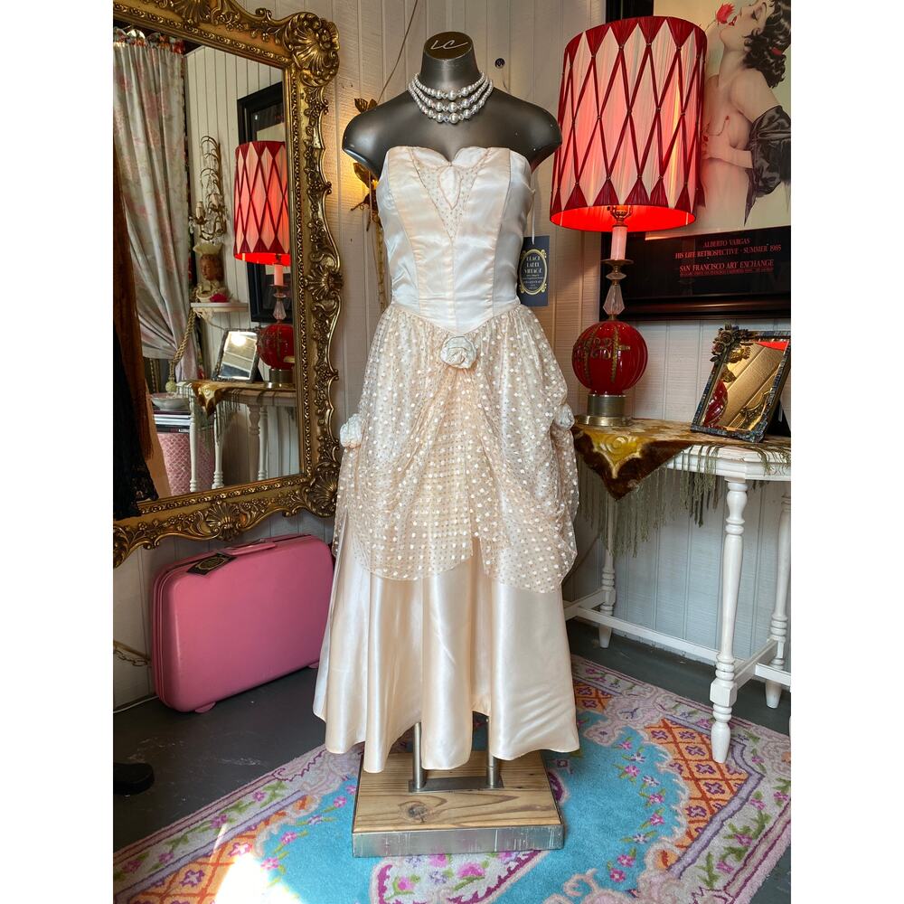 vintage 1980s blush satin prom dress strapless 80s formal glitter tulle cupcake